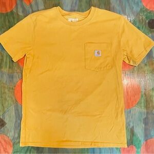 Carhartt Womens Pocket T-Shirt Yellow Loose Fit Size Small 4-6 Logo Crewneck Pul